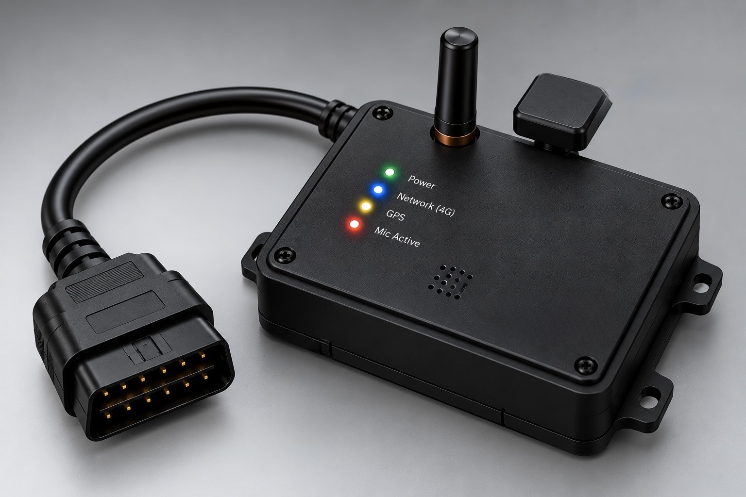 DriveIQ concept: premium black OBD-connected telematics enclosure with 4G and GPS antennas