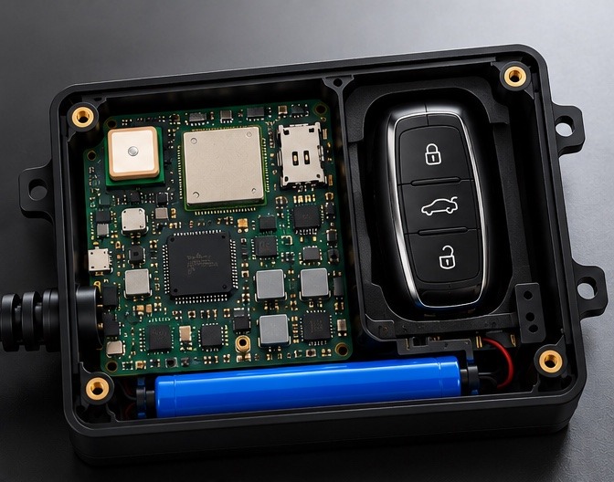 DriveIQ concept enclosure opened to reveal the PCB on the left, car key compartment on the right and battery along the bottom